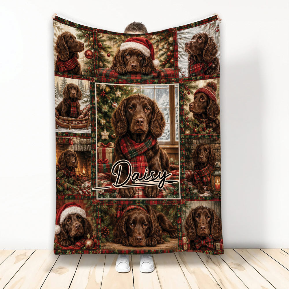 Boykin Spaniel Christmas blanket displayed vertically with festive plaid, ornaments, and multiple dog portraits