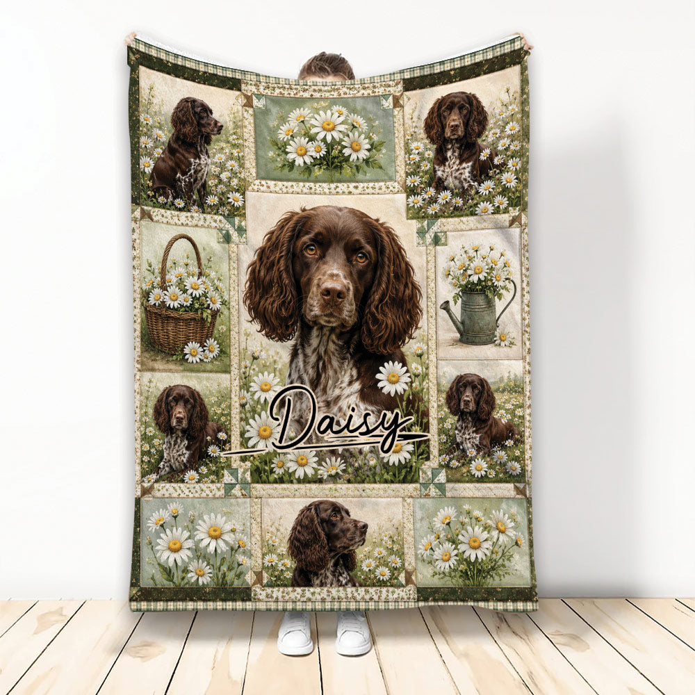 Boykin Spaniel throw blanket featuring a collage of brown dogs and white daisies