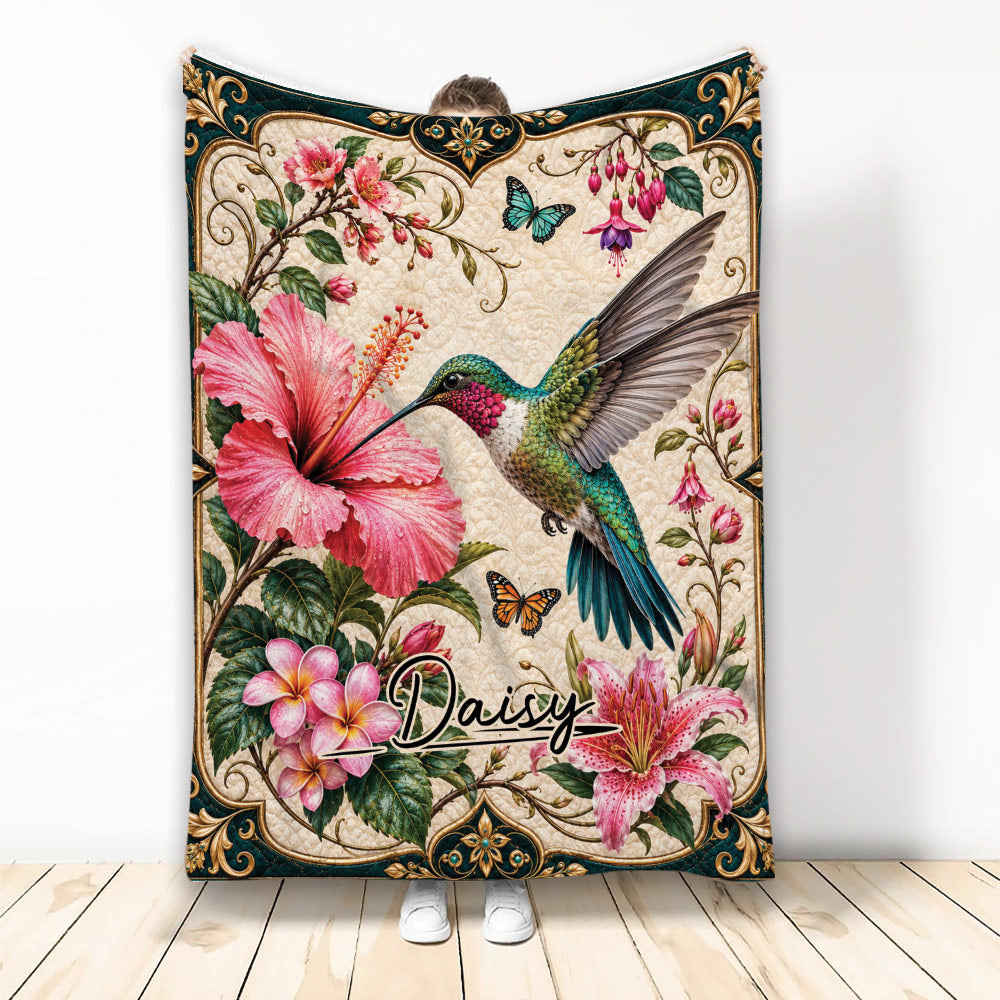 Hummingbird throw blanket with tropical flowers, butterflies, ornate borders, and colorful bird artwork