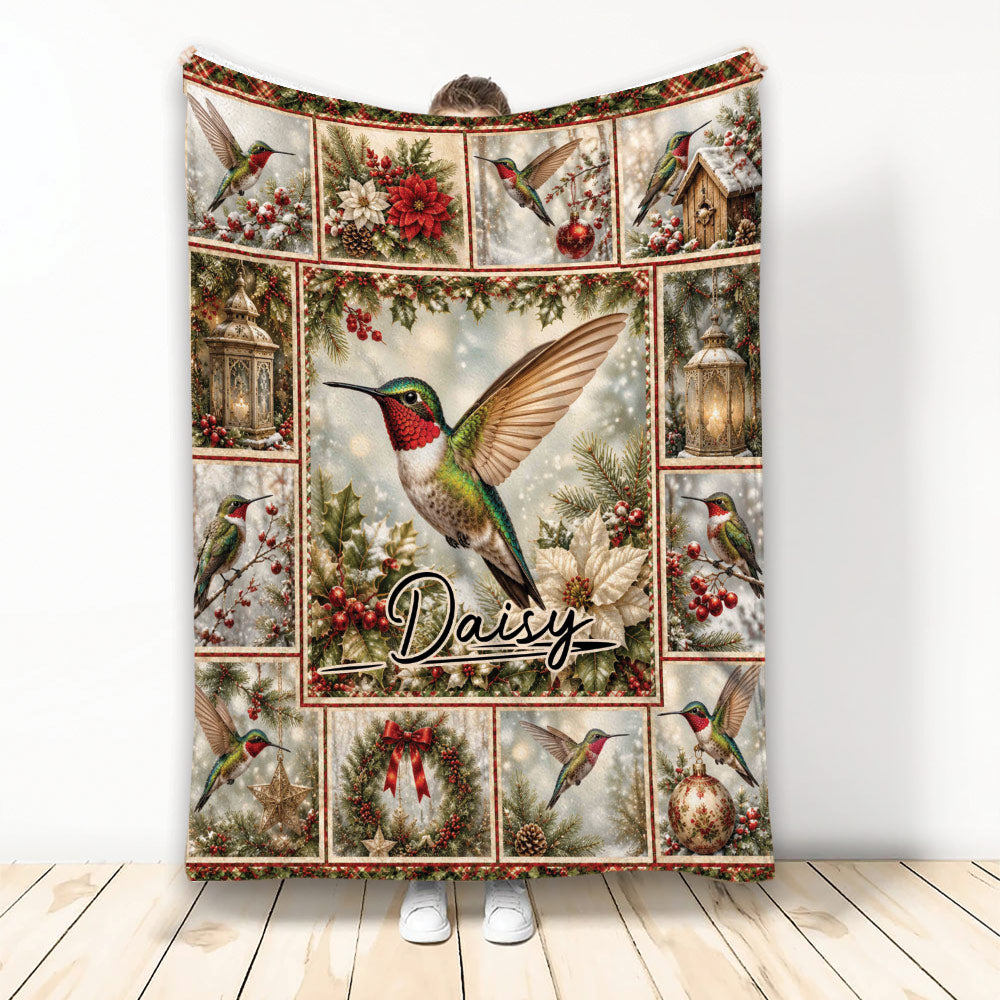 Christmas hummingbird blanket featuring colorful birds, holly, poinsettias, wreaths, and winter decor