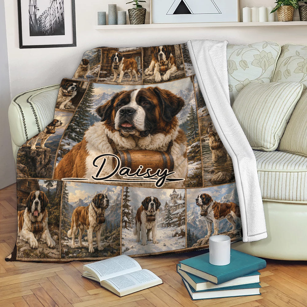 Saint Bernard blanket draped over a couch with rustic mountain scenery and dog artwork