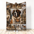 Saint Bernard throw blanket displayed upright with scenic mountain artwork and multiple dog views