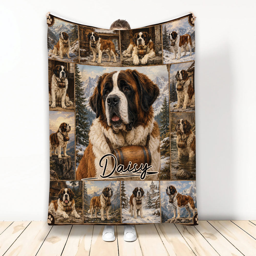 Saint Bernard throw blanket displayed upright with scenic mountain artwork and multiple dog views