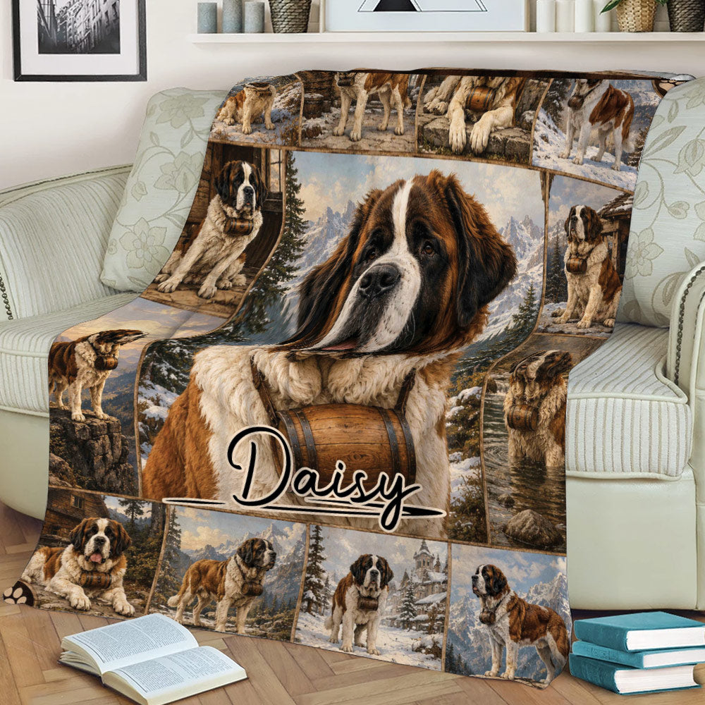 Close view of a Saint Bernard throw blanket on a sofa with woodland and mountain scenes