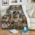 Custom Saint Bernard blanket draped over a sofa with mountain scenery and multiple dog portraits