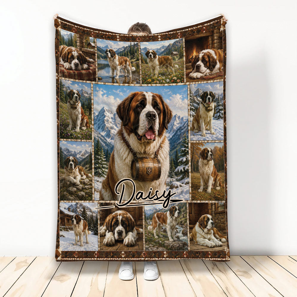 Saint Bernard throw blanket displayed with alpine mountain scenes and a rustic lodge-inspired border