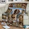 Saint Bernard throw blanket spread across a sofa, featuring a scenic collage of the gentle giant breed