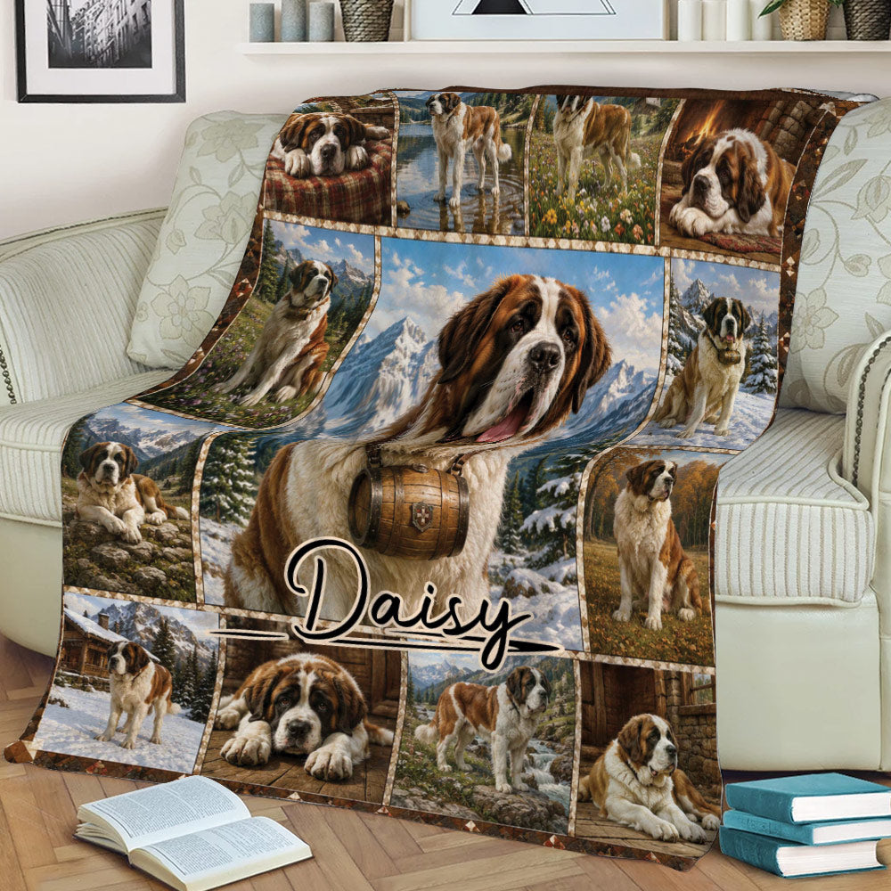 Saint Bernard throw blanket spread across a sofa, featuring a scenic collage of the gentle giant breed