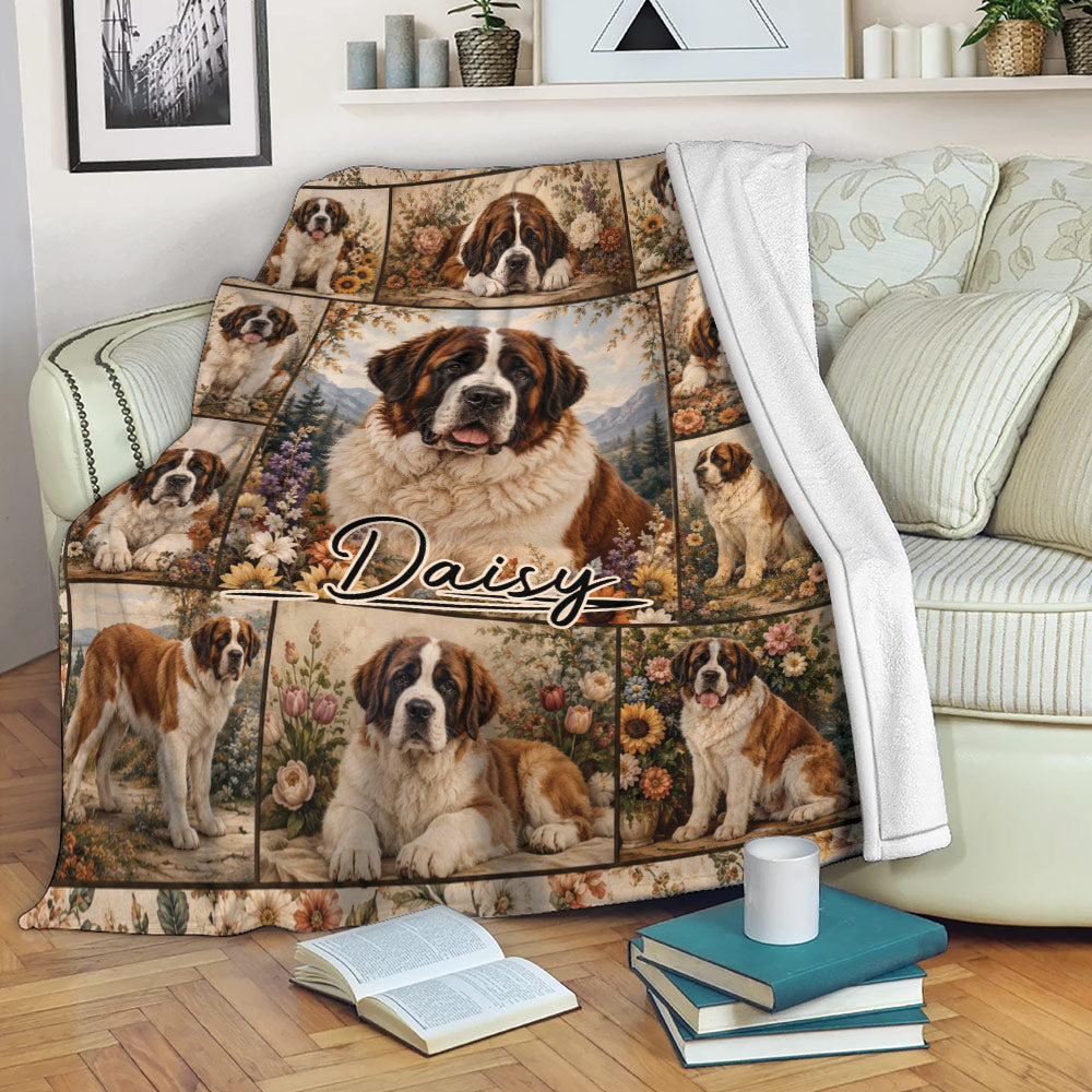 Saint Bernard blanket draped over a sofa, featuring vintage floral artwork and scenic dog portraits