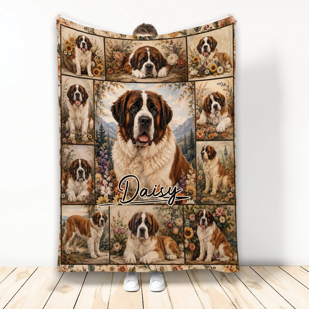 Saint Bernard throw blanket with a vintage floral collage, mountain scenery, and multiple dog portraits