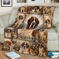 Saint Bernard throw blanket displayed on a sofa with floral collage artwork and outdoor mountain scenery