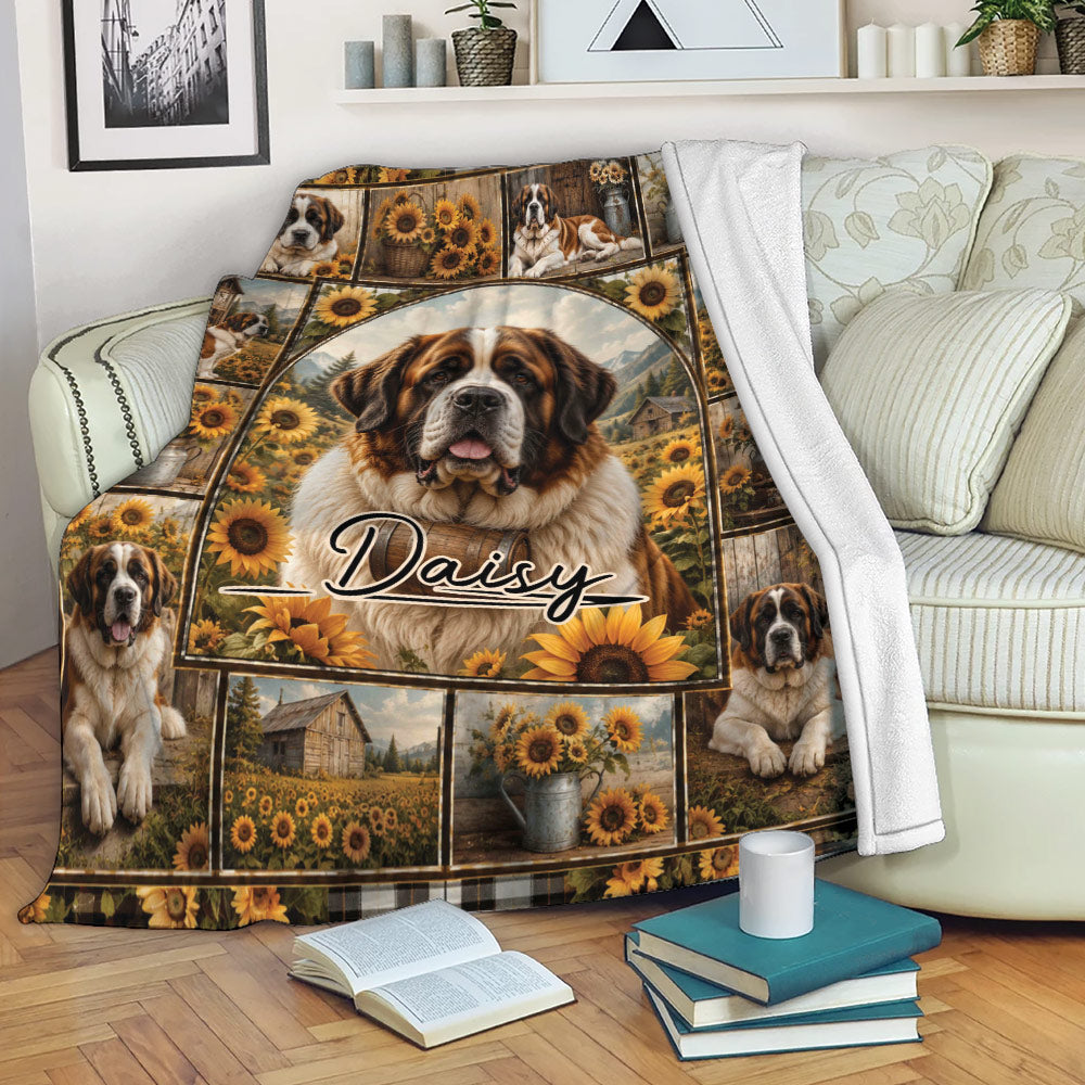 Saint Bernard blanket draped over a sofa with sunflower and countryside dog artwork