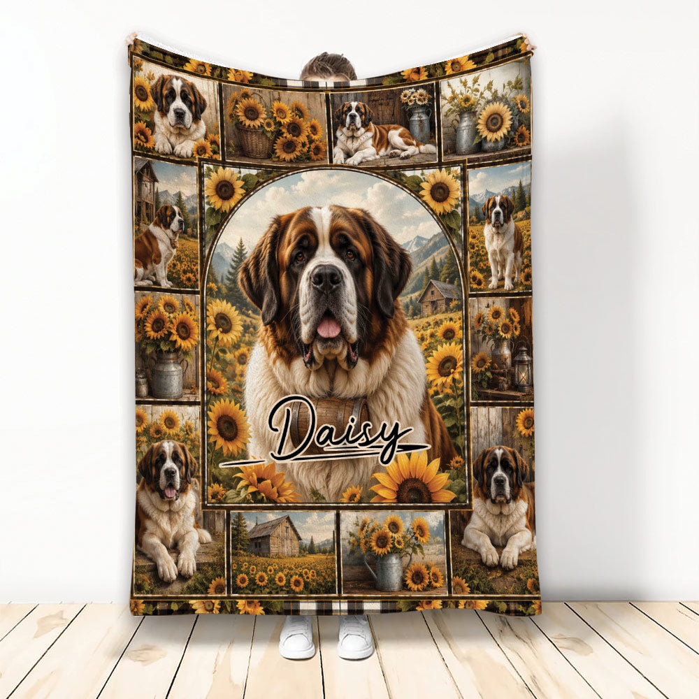Saint Bernard throw blanket with sunflower collage, mountain scenery, and rustic dog artwork