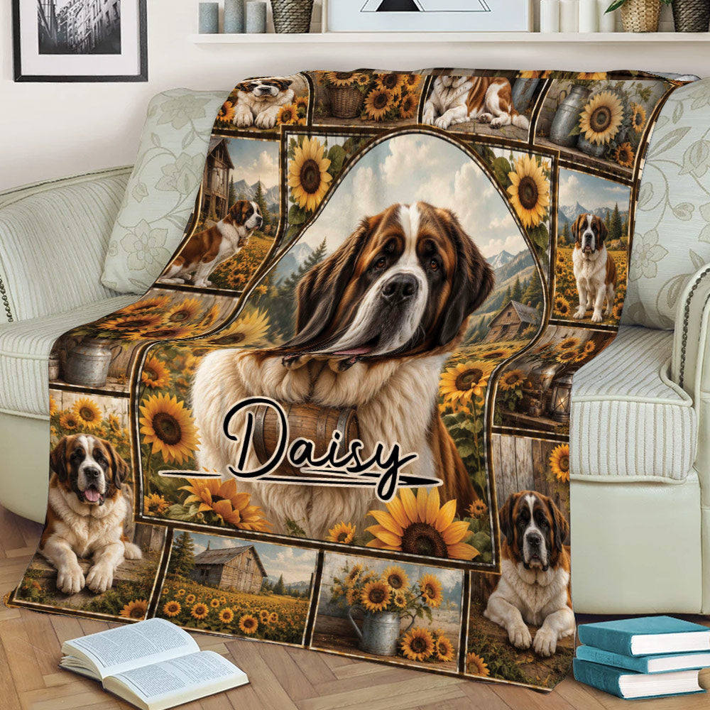Close view of a Saint Bernard throw blanket with sunflowers, rustic scenery, and dog portraits