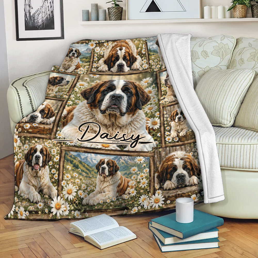 Saint Bernard blanket draped over a sofa with floral dog collage design