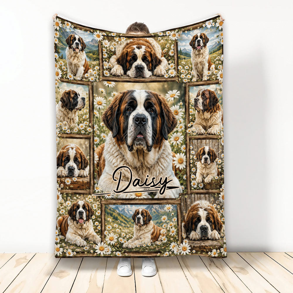 Saint Bernard throw blanket displayed upright with floral mountain collage artwork