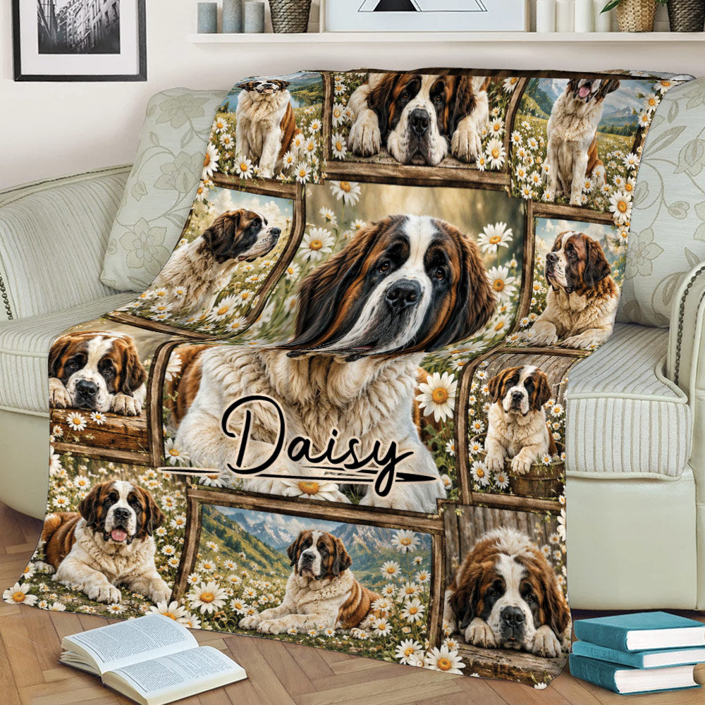 Saint Bernard throw blanket shown on a couch with mountain and daisy artwork