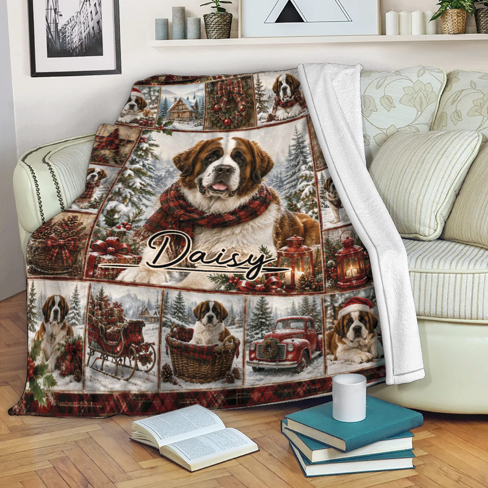 Saint Bernard Christmas throw blanket displayed on a sofa with cozy holiday dog artwork