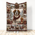 Saint Bernard Christmas blanket with snowy scenes, holiday ornaments, and festive dog artwork