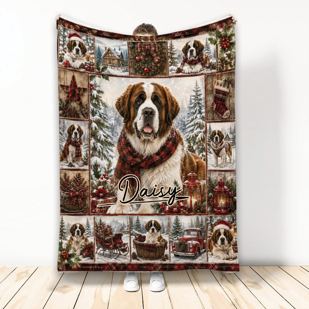 Saint Bernard Christmas blanket with snowy scenes, holiday ornaments, and festive dog artwork