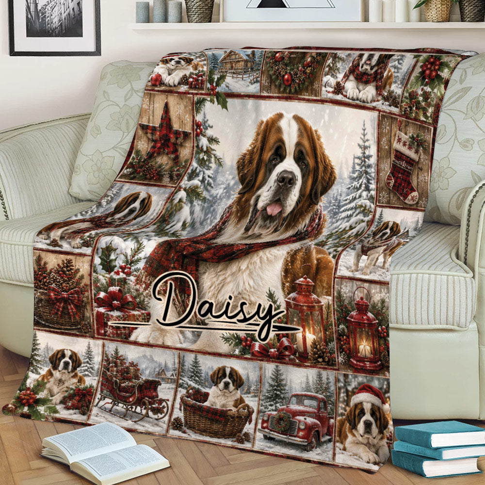 Festive Saint Bernard blanket draped across a couch with snowy woodland and Christmas scenes