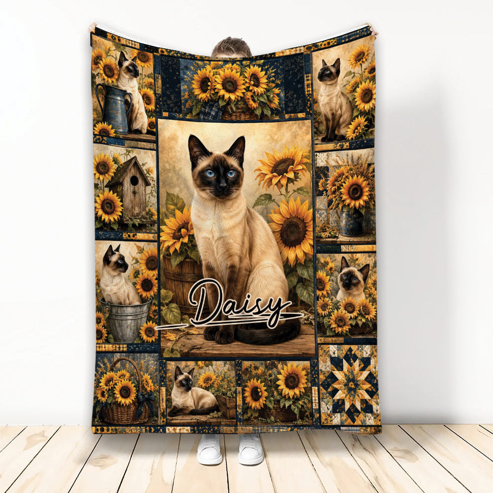 Siamese cat blanket with sunflower artwork, rustic panels, and a central cat design