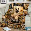 Siamese cat blanket displayed on a sofa with sunflowers, country scenes, and warm colors