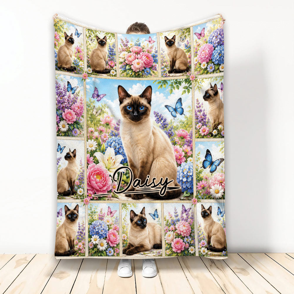 Siamese cat blanket displayed upright with blue-eyed cats, colorful flowers, butterflies, and garden artwork