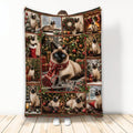 Siamese cat Christmas blanket displayed with festive ornaments, wreaths, gifts, and cozy holiday artwork