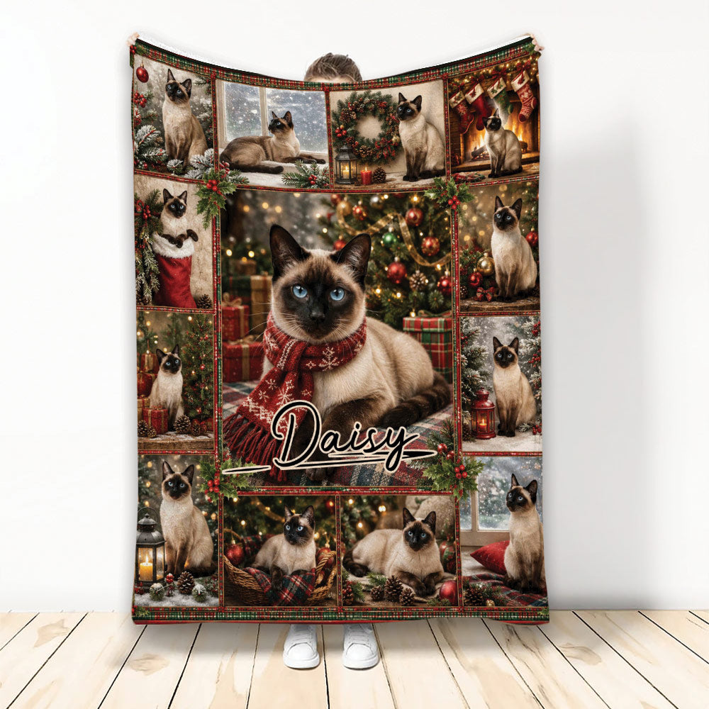 Siamese cat Christmas blanket displayed with festive ornaments, wreaths, gifts, and cozy holiday artwork