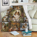 Sheltie throw blanket displayed on a sofa with a detailed dog collage design