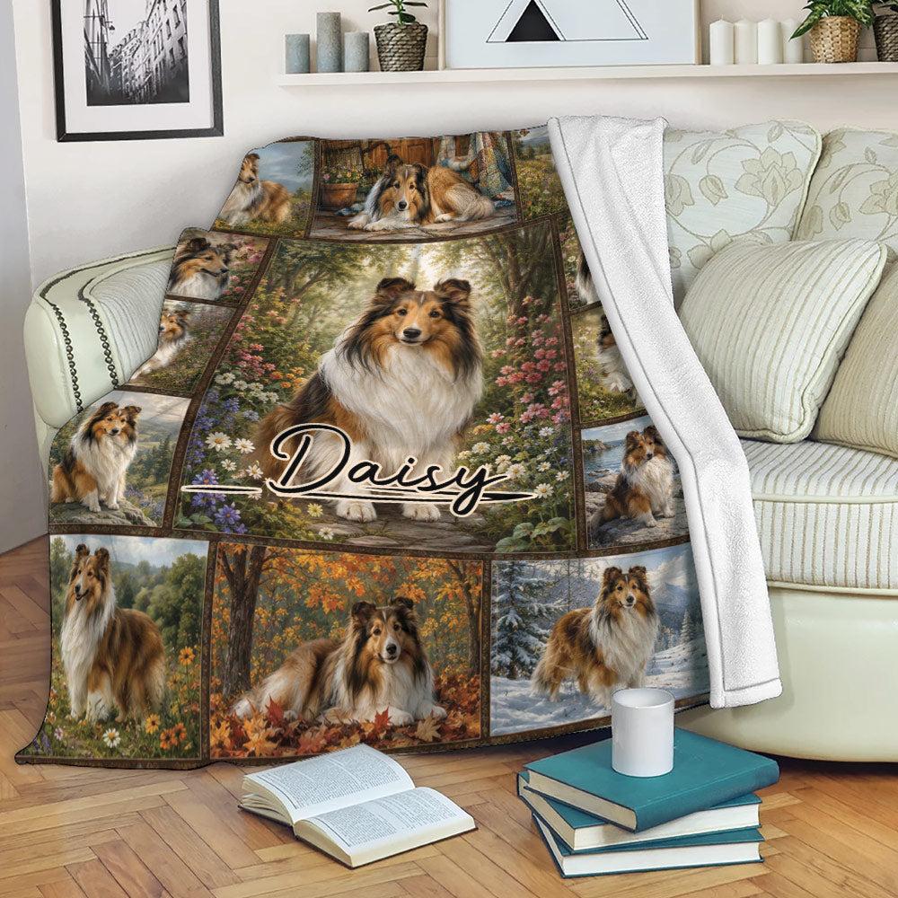 Sheltie throw blanket displayed on a sofa with a detailed dog collage design