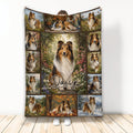 Sheltie collage blanket featuring a central dog portrait surrounded by colorful seasonal outdoor scenes