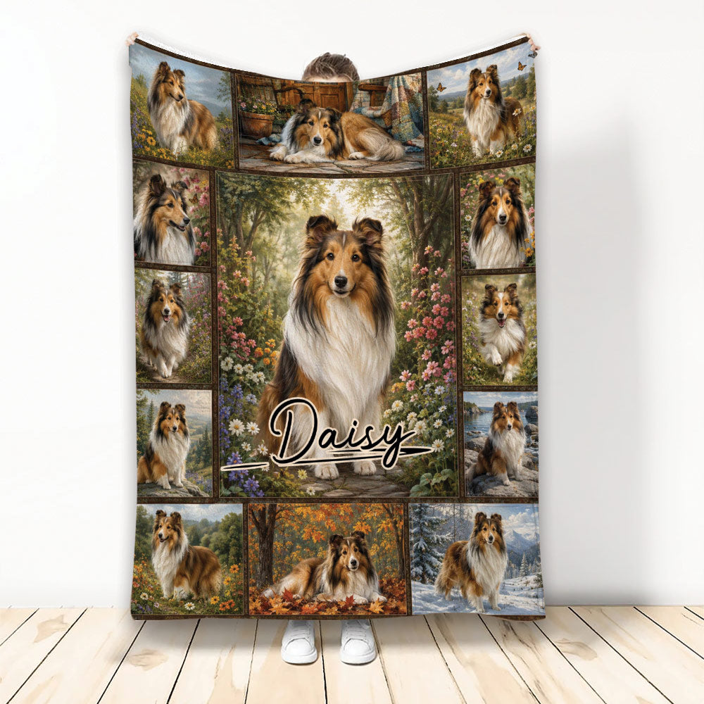 Sheltie collage blanket featuring a central dog portrait surrounded by colorful seasonal outdoor scenes