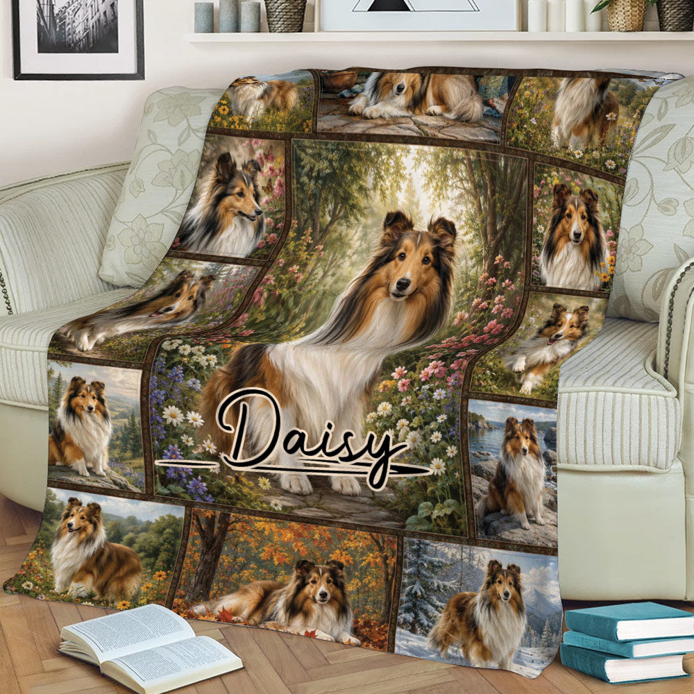 Sheltie blanket draped over a sofa, showcasing floral woodland artwork and multiple dog portraits
