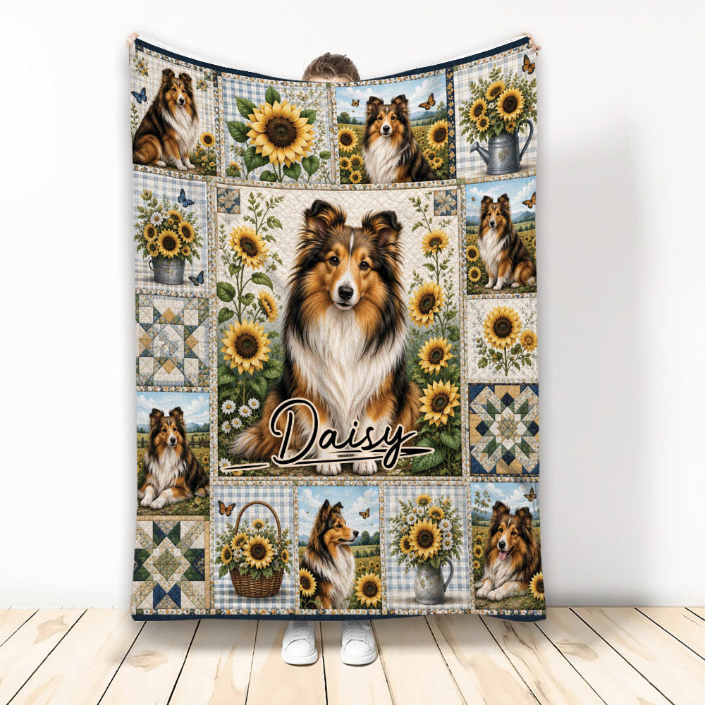 Sheltie throw blanket with multiple dog portraits, sunflowers, butterflies, and patchwork-inspired panels