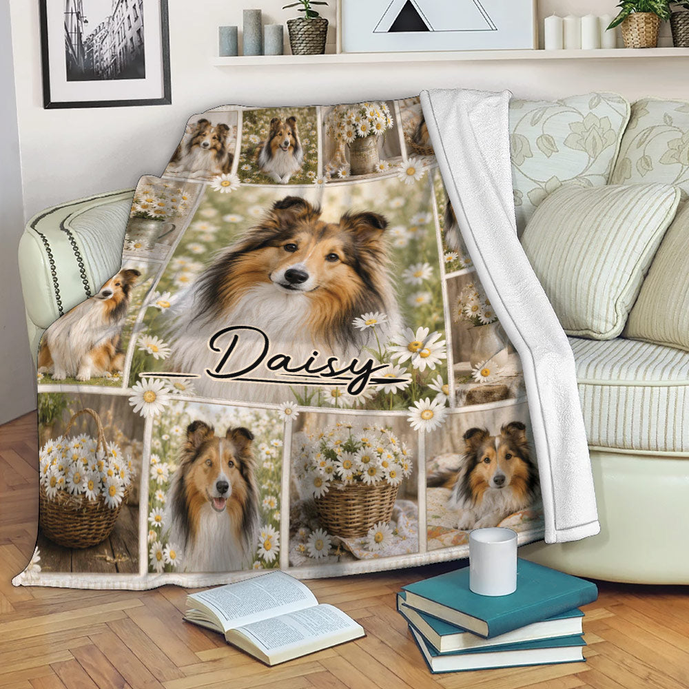 Sheltie blanket displayed on a sofa with floral collage artwork, daisies, and several realistic Sheltie portraits