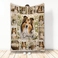 Sheltie throw blanket featuring multiple Sheltie portraits, white daisies, floral baskets, and rustic garden artwork