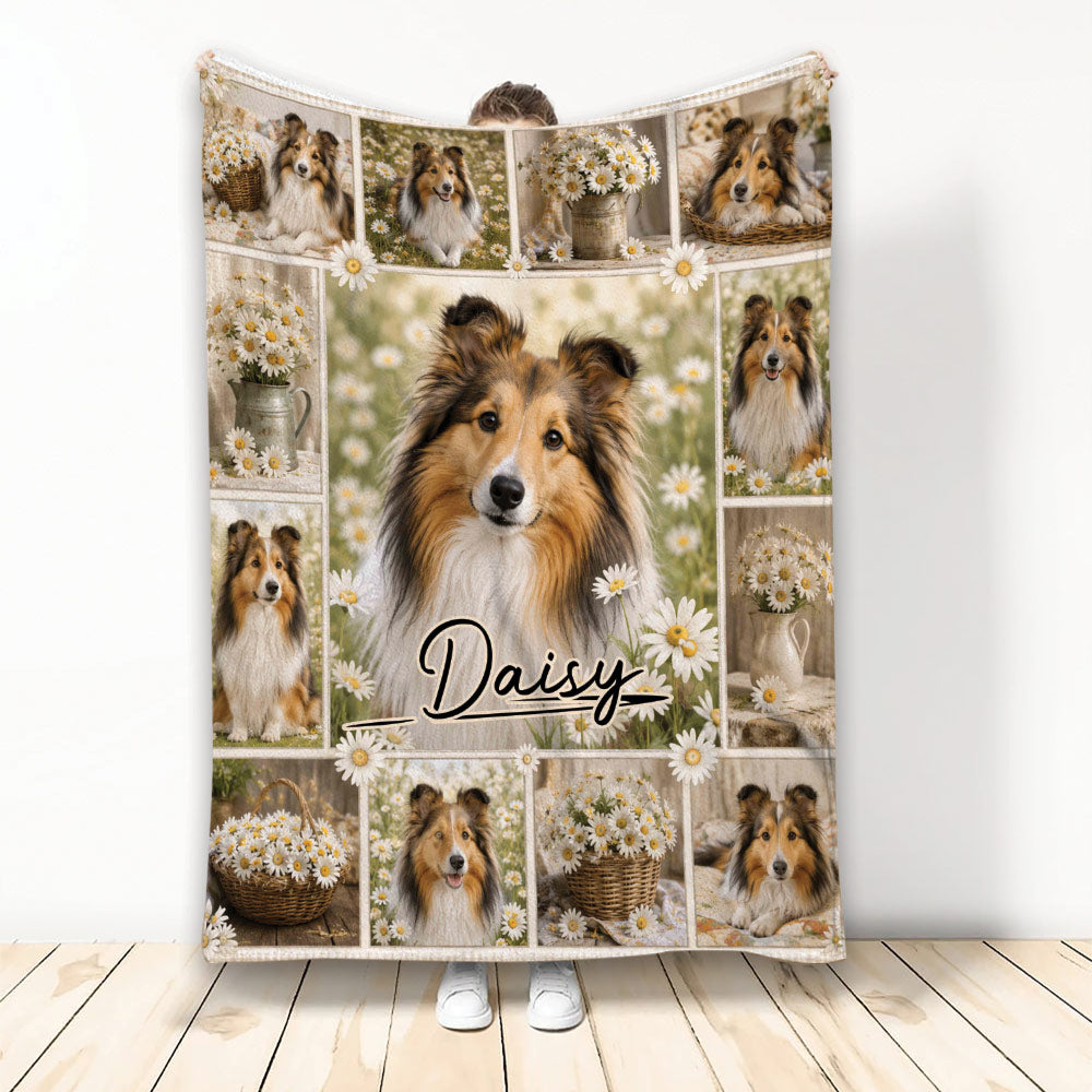 Sheltie throw blanket featuring multiple Sheltie portraits, white daisies, floral baskets, and rustic garden artwork