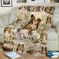 Floral Sheltie throw blanket draped over a couch, featuring a central Sheltie portrait and daisy garden scenes