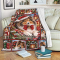Sheltie Christmas throw blanket draped over a sofa with festive dog artwork and cozy holiday decor