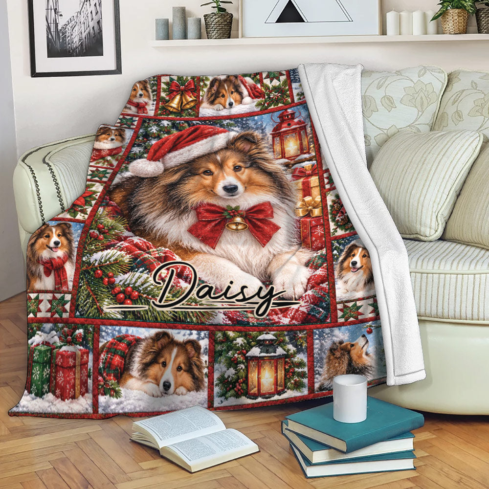 Sheltie Christmas throw blanket draped over a sofa with festive dog artwork and cozy holiday decor
