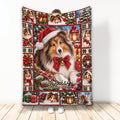 Christmas Sheltie blanket displayed with festive dog artwork, gifts, lanterns, wreaths, and holiday greenery