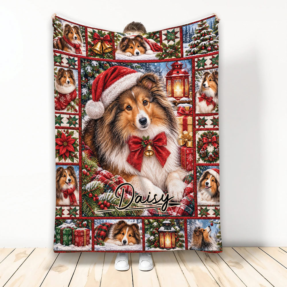 Christmas Sheltie blanket displayed with festive dog artwork, gifts, lanterns, wreaths, and holiday greenery
