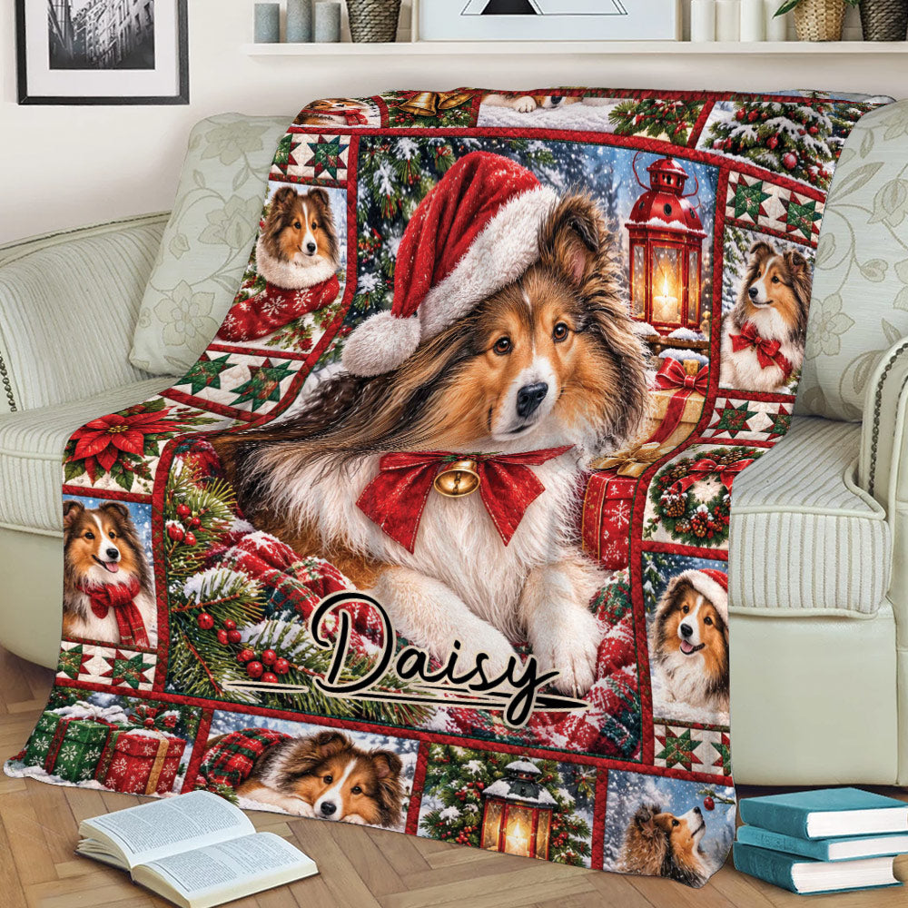 Holiday Sheltie blanket spread across a couch, featuring a Santa-hat dog, ornaments, gifts, and lanterns