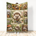 Hedgehog throw blanket with woodland scenes, autumn leaves, flowers, and rustic nature artwork