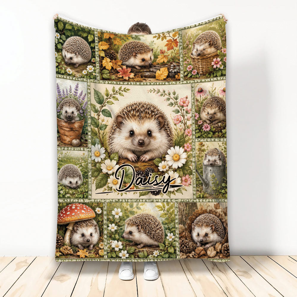 Hedgehog throw blanket with woodland scenes, autumn leaves, flowers, and rustic nature artwork