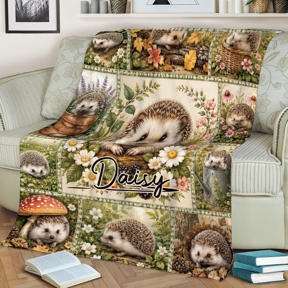 Rustic hedgehog throw blanket displayed on a couch with autumn foliage and garden-inspired scenes