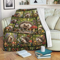 Hedgehog throw blanket draped over a sofa with colorful forest artwork