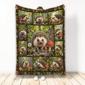 Hedgehog blanket featuring woodland forest scenes, wildflowers, berries, and mushrooms